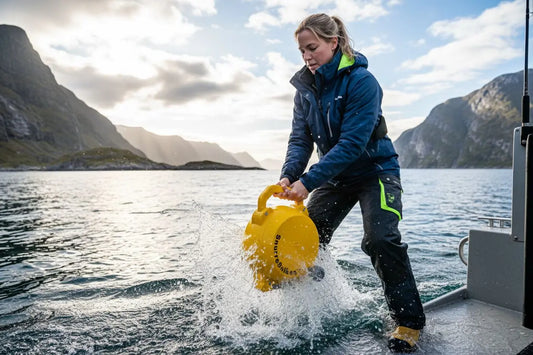 Sportsdykker henter SnurreSniken™ taukveile fra 180 meters dyp med batteridrill i marin setting