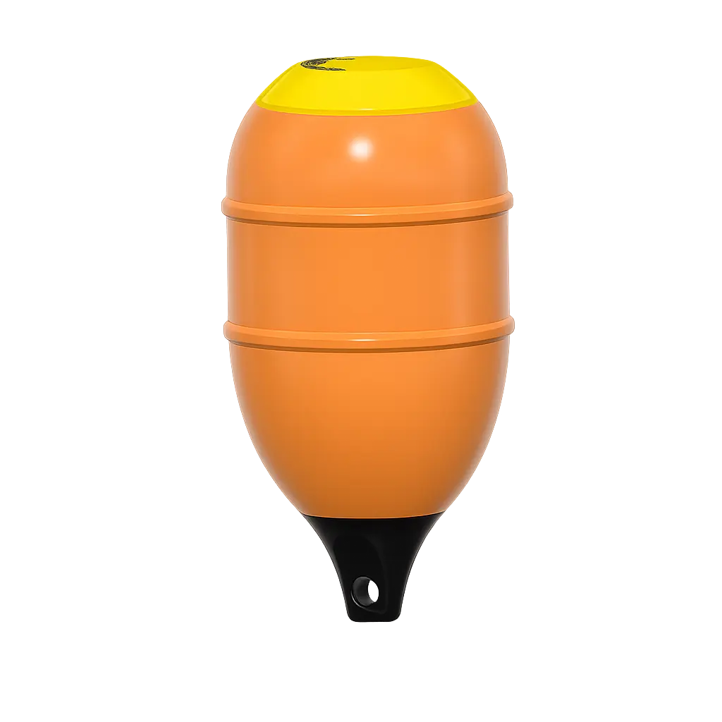 TrapSaver oval bøye i oransje og gul, utviklet for sikker, synlig og pålitelig bruk for all fiske.