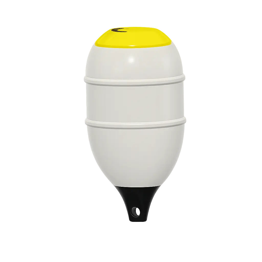 TrapSaver oval bøye i hvit og gul, utviklet for sikker, synlig og pålitelig bruk for all fiske.